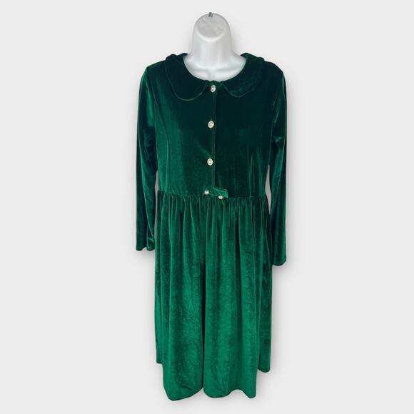 Girls Size 160 Green Velvet Long Sleeve Knee Length Pearl Button Holiday Dress - Picture 1 of 9
